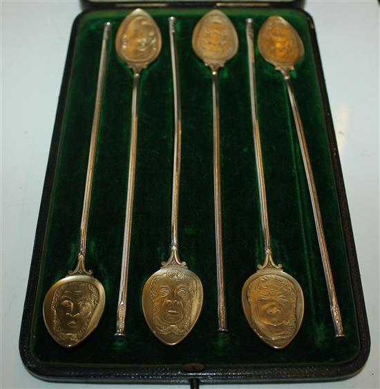 Cased set of 6 Swiss silver spoons with portrait bowls after  Arnold Brochine